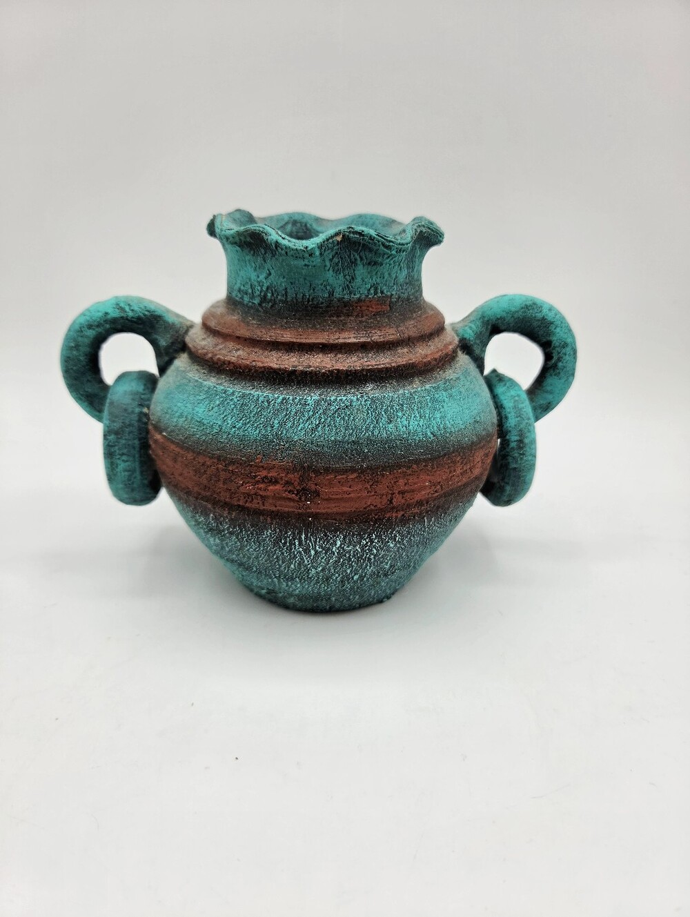 Vintage Turquoise & Rust Double Handle Pottery Vase Urn, Boho Southwestern